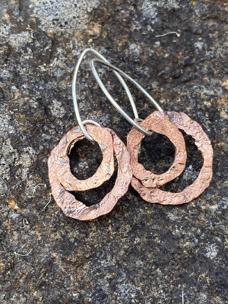 Hammered Copper and Sterling Silver Leaf Drop Earrings