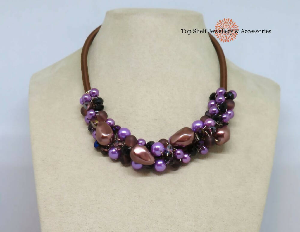 Purple Plumb Wire Wrapped Beaded Necklace Earrings Set