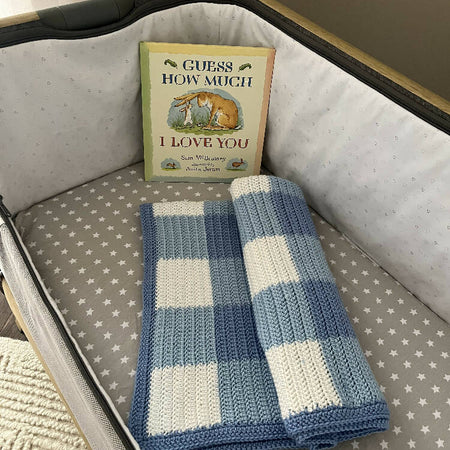 Blue Gingham Crochet Baby Blanket & Book - Newborn Bundle