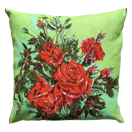 Handmade Vintage Red Roses Flowers on Green Linen Cushion Cover
