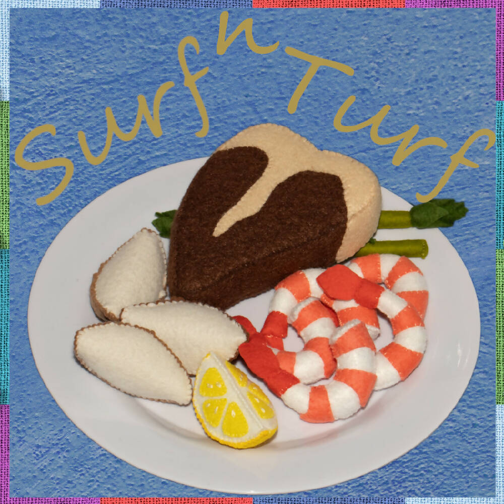 FELT FOOD STEAK AND PRAWNS