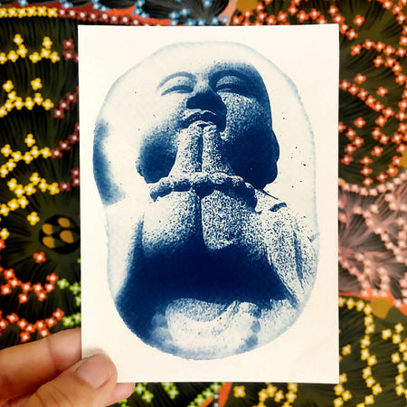 Buddha Art Print, Original Cyanotype, Postcard Size approx 4x6 inches