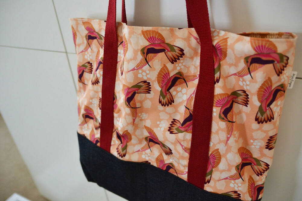 Tote Bag for Shopping/Market/Beach – Hummingbirds (Peach) + Denim