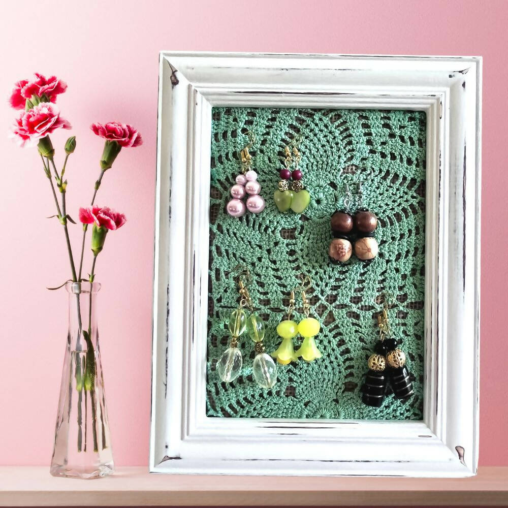 Jewellery Display Stand Unique Handmade Bohemian Shabby Chic Vintage Frame and Crochet