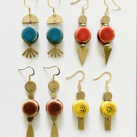 Blue, red, brown, yellow charm earrings