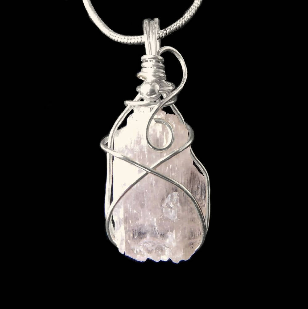 Raw Pink Kunzite crystal pendant Sterling wire wrapped