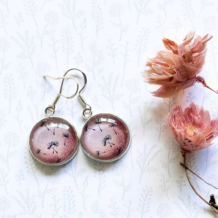 Pink Flower Earrings with a Dandelion Pattern