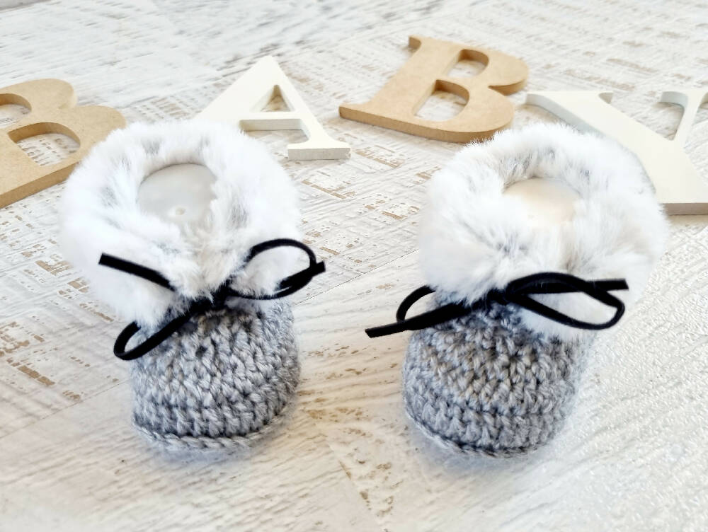 Baby Booties Fluffy Grey Newborn Crochet Knit Shoes Sock