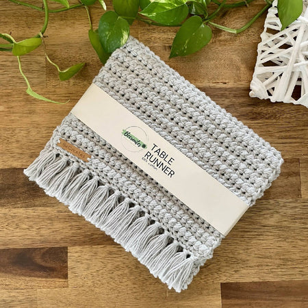 Crochet Table Runner with fringed edge - Silver Grey