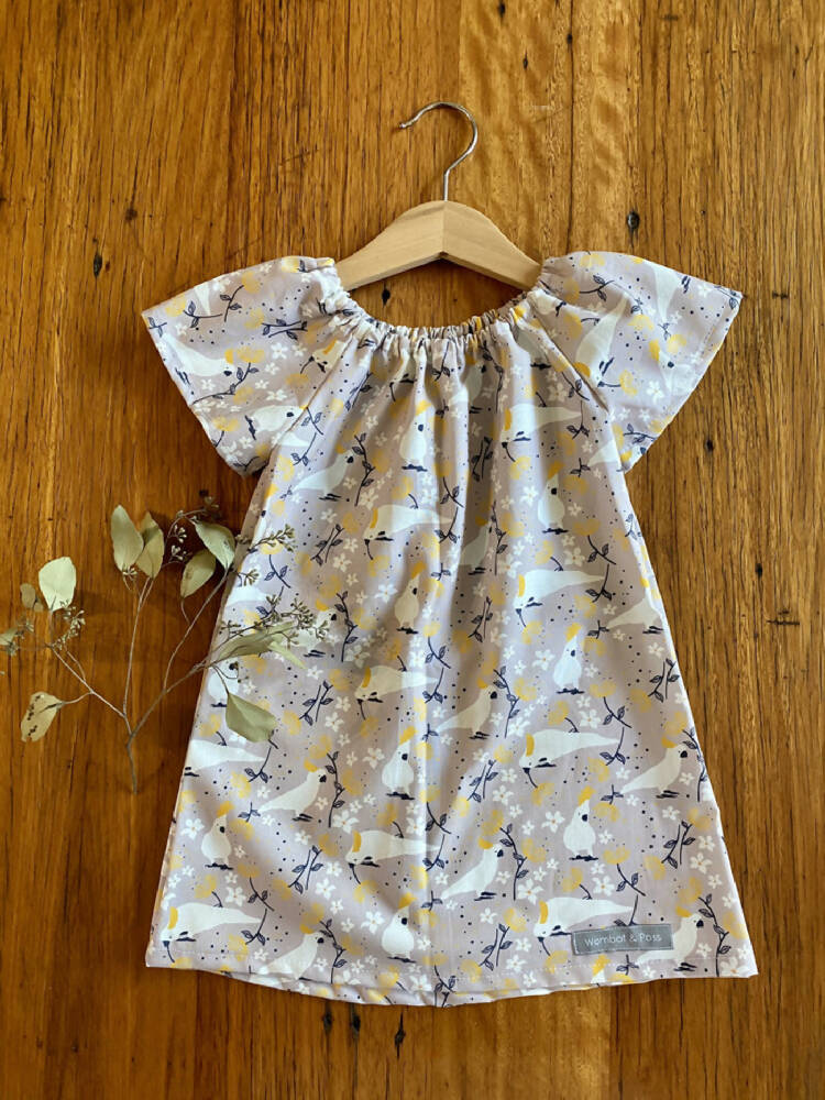 dress - grey cockatoos / cotton peasant-style dress mushroom taupe