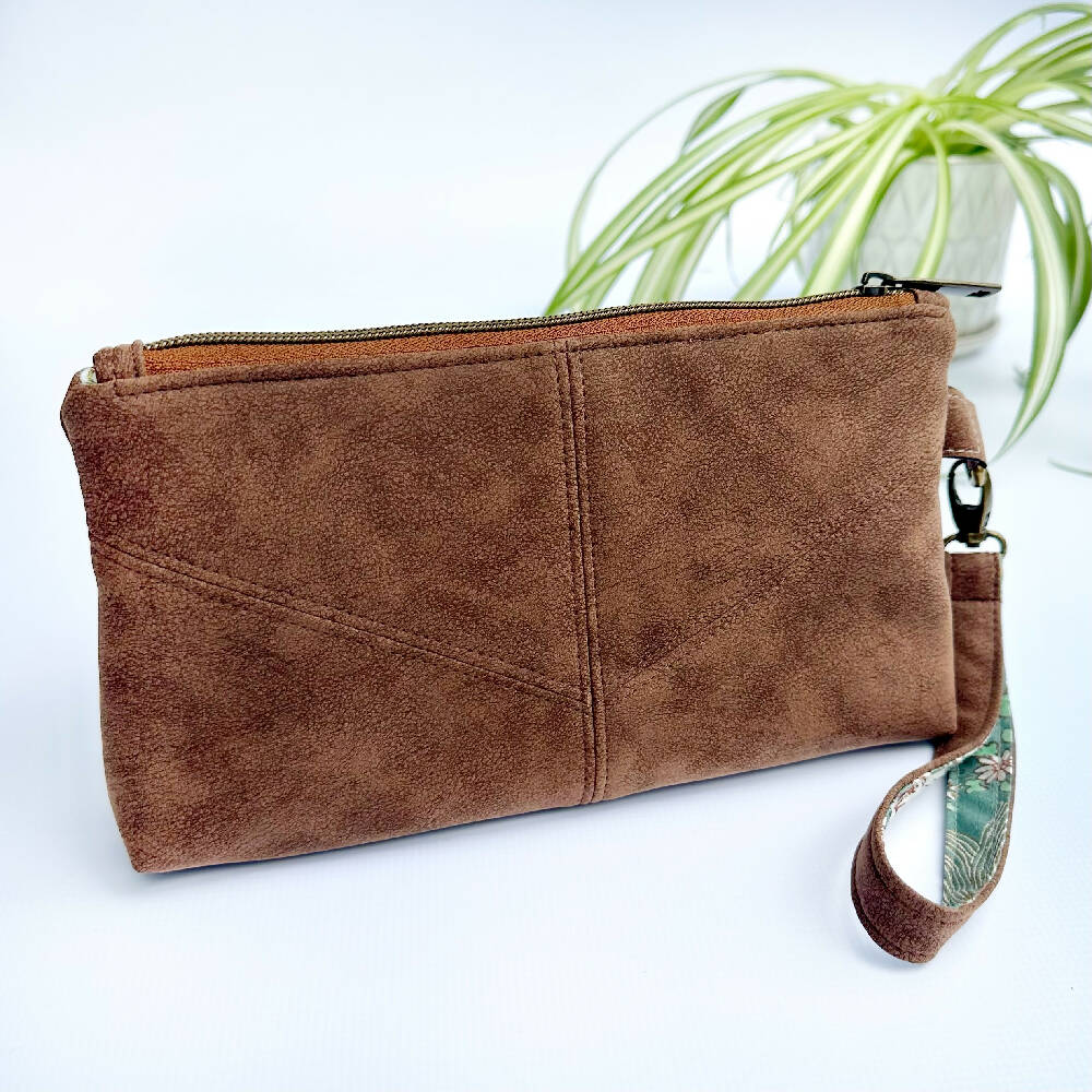 Vegan Leather Clutch with Jade Lining and Strap