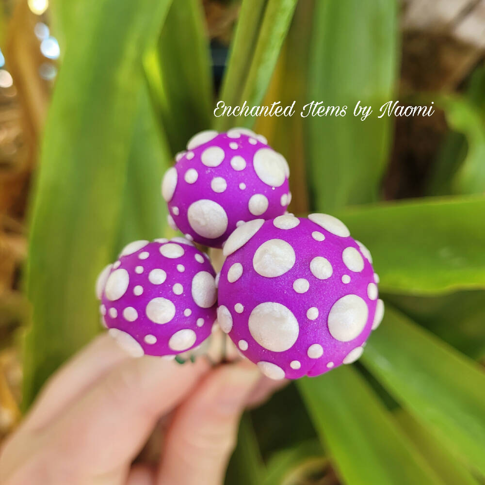 Bright Purple Fairy garden Mushrooms set with Ladybirds