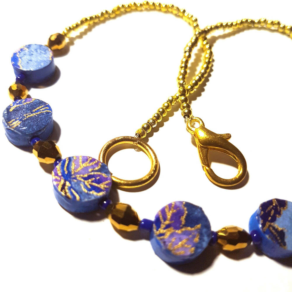 Beaded necklace, Japanese paper, wooden beads, gold crystals