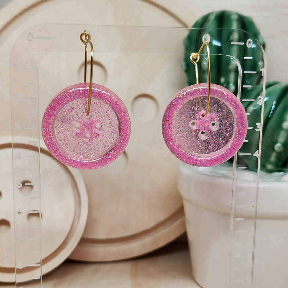 Dangle Earrings - Billie Button Pink Sparkle - Resin - Hoop