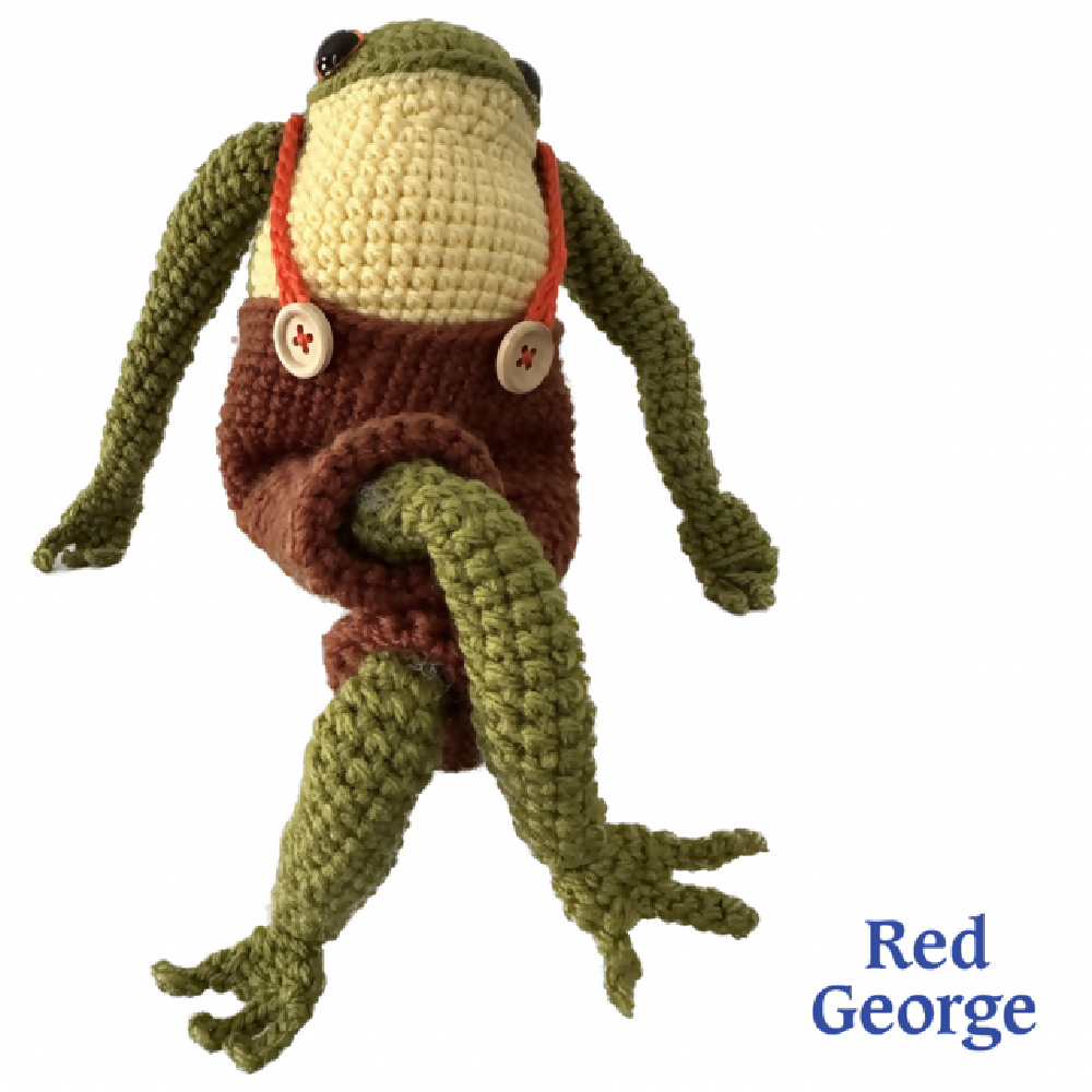 Red George of Kensington crochet toy Frog, wearing pants and top - all dressed up