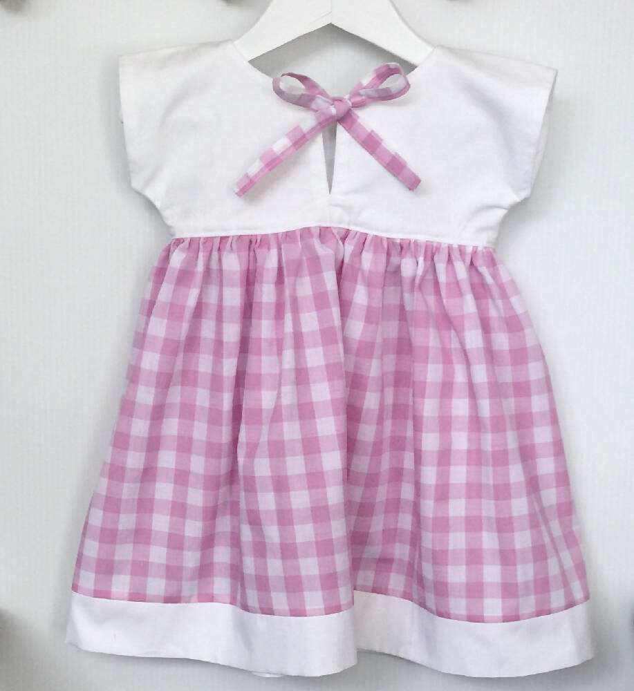 Pink Check Girls Hand Embroidered Dress