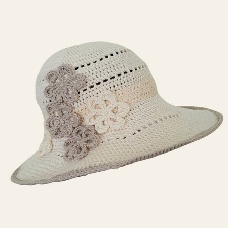 Women's wide brim sun hat, cream and beige with flower embellishments