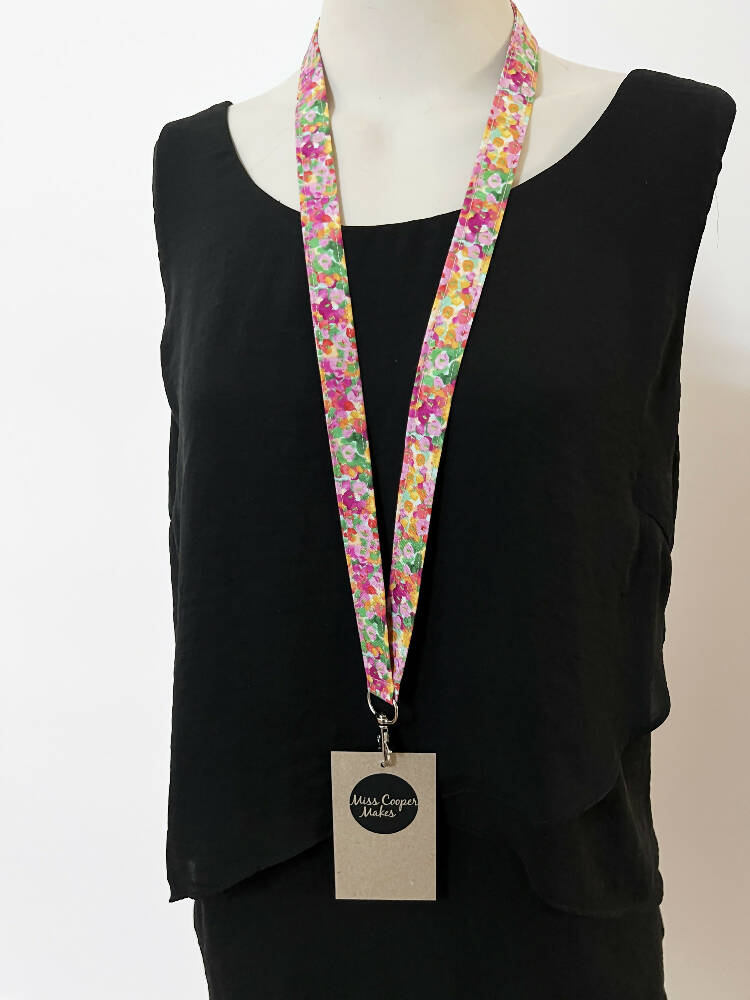Fabric Lanyard - with quick-release safety clasp - Flower Meadow