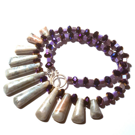 Beaded necklace Silver grey Jasper with purple crystal.