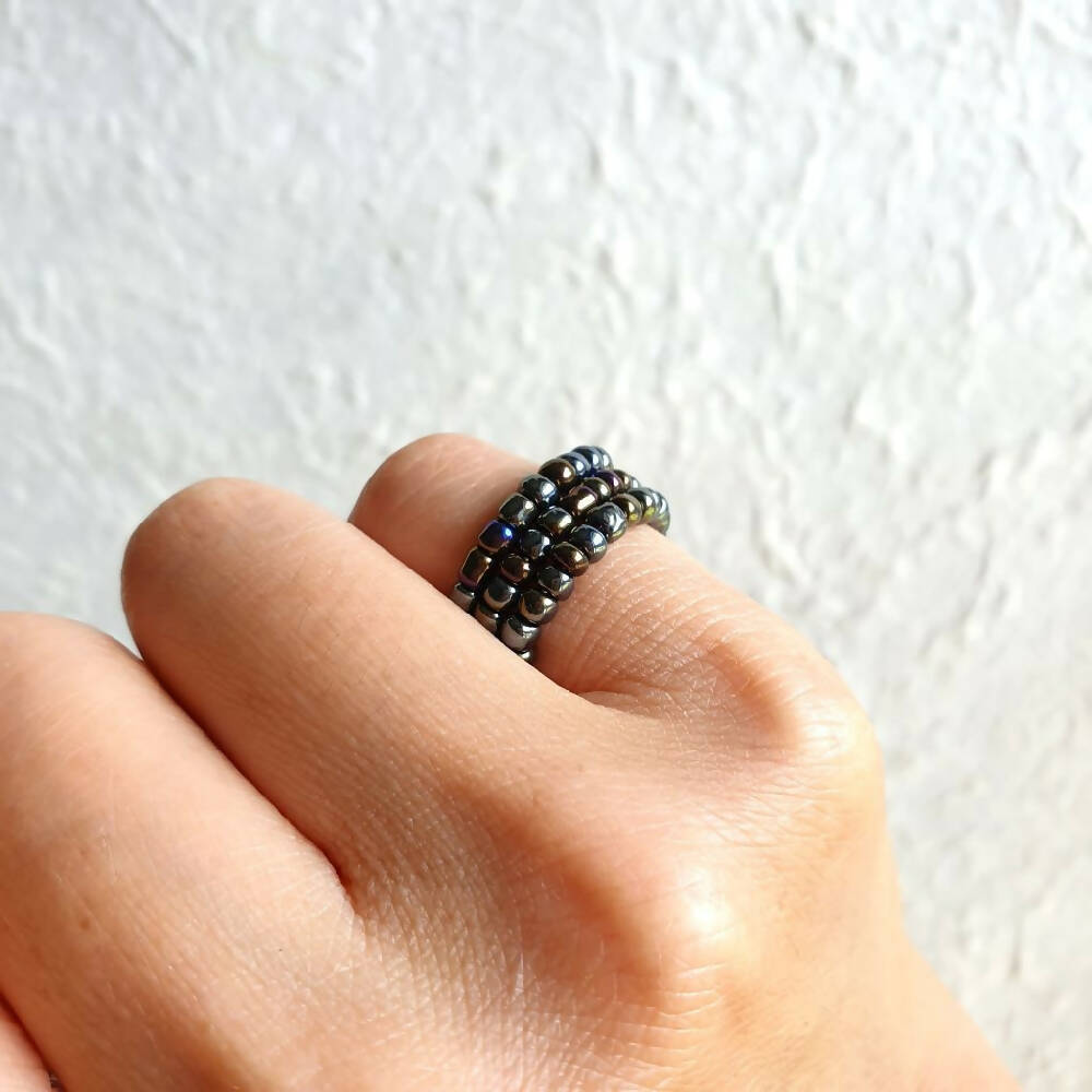 Statement seed bead 3 line memory wire band ring