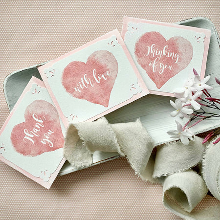 Note Card Set of 3 Pink Watercolour Heart THANK YOU. WITH LOVE. THINKING OF YOU.