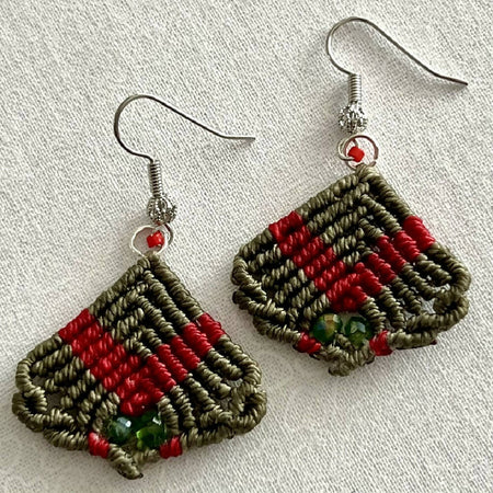 Olive green & Red - Micro Macrame Earrings