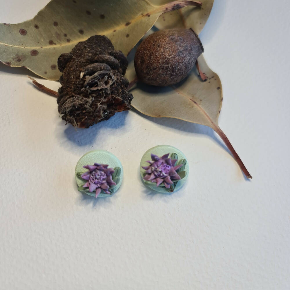 Earrings, Purple 3D protea studs