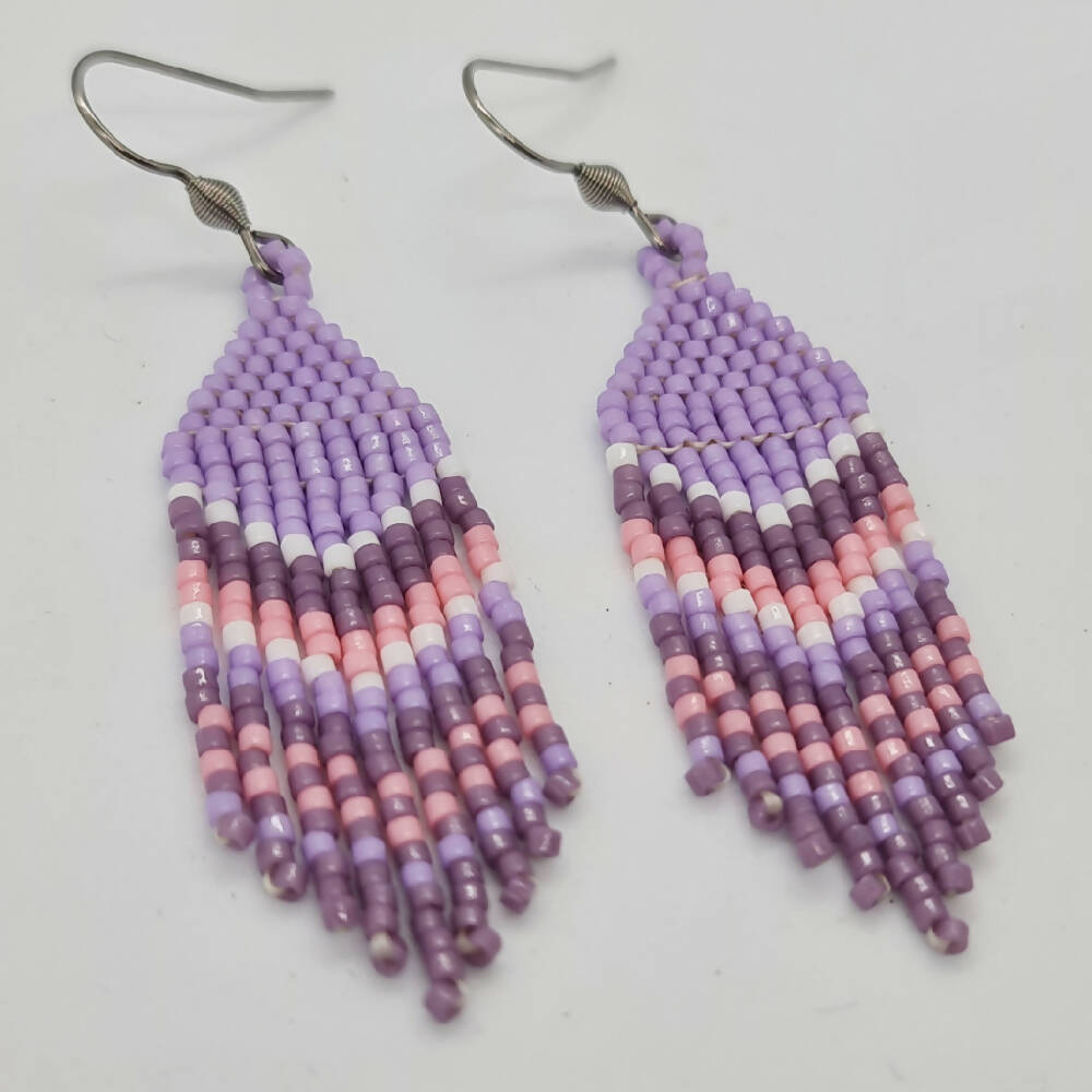 Beaded Earrings Purple Fringe Dangle