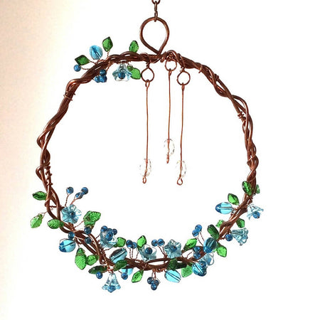 Wreath: Aqua Bell Flower and Green Leaves Glass Beads