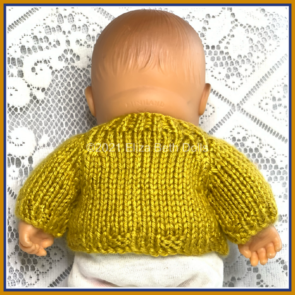 Miniland 21cm clothes, PDF digital pattern, Cardigan, Jacket, Coat, Boy, Girl, Unisex, Easy quick knit, Straight needles, Flat knit, Baby doll clothes, Cute outfit, Doll accessories, Minikane, 8inch, Eliza Beth Dolls, ElizaBethDolls, Australia, Clear instructions, Photos, 8ply DK yarn, Beginner friendly, Basic knitting, Simple pattern, 4