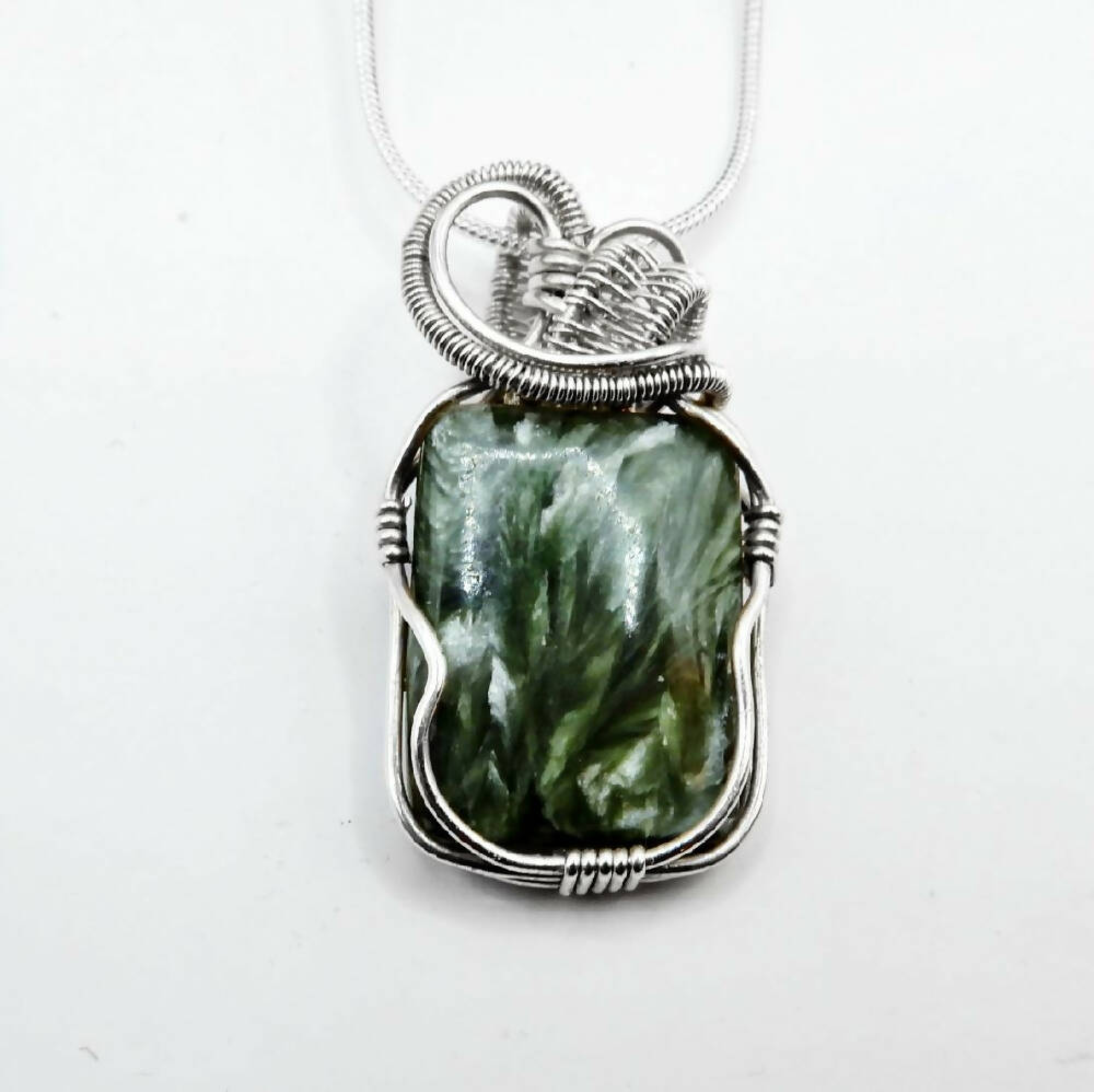 Seraphinite handcrafted pendant green gemstone Sterling wire wrapped