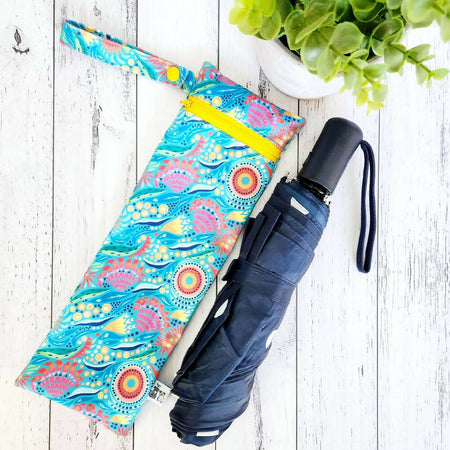 Umbrella Bag, Waterproof Reusable Zip Bag, Native Australian, Fluro Yellow Zip