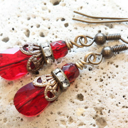 Swarovski Crystal and Brass Earrings Siam Ruby Red