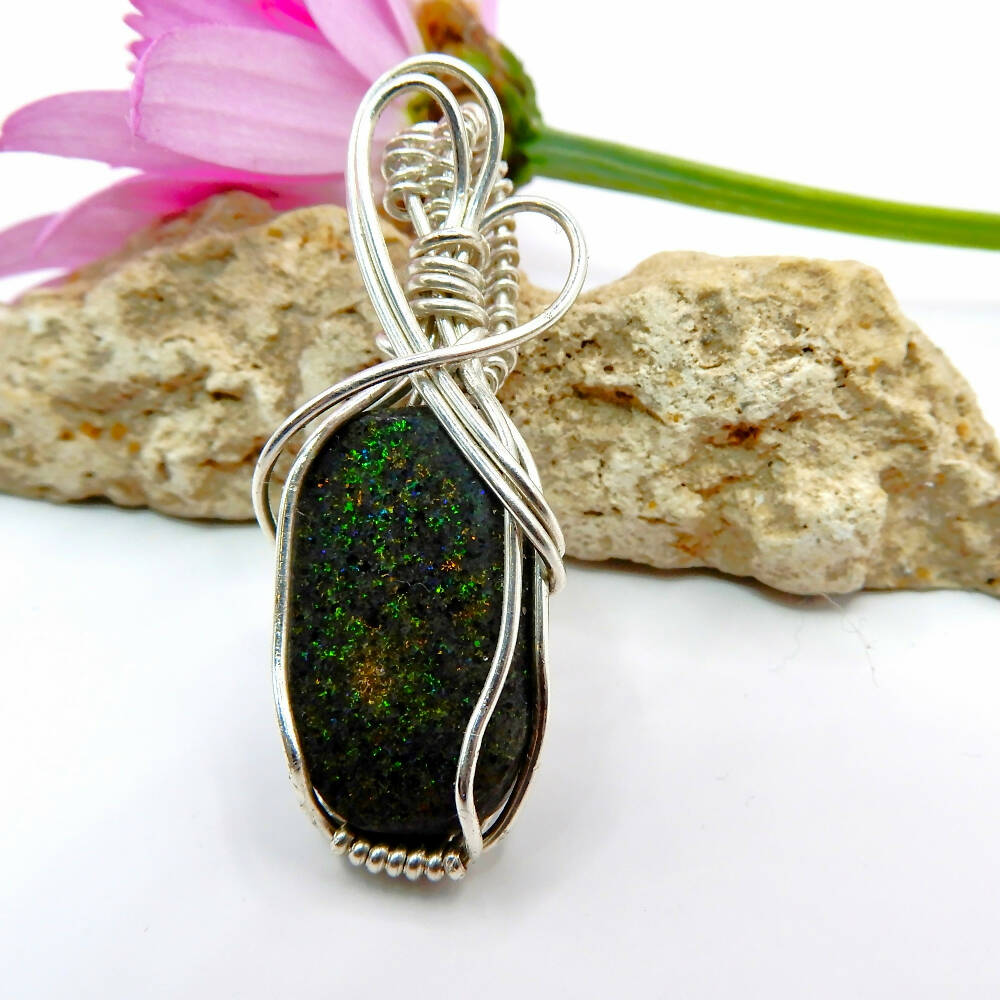 Unique Rainbow Matrix Opal pendant sterling silver wire wrapped