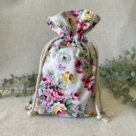 Reusable Fabric Gift Bag - Pink & Yellow Roses