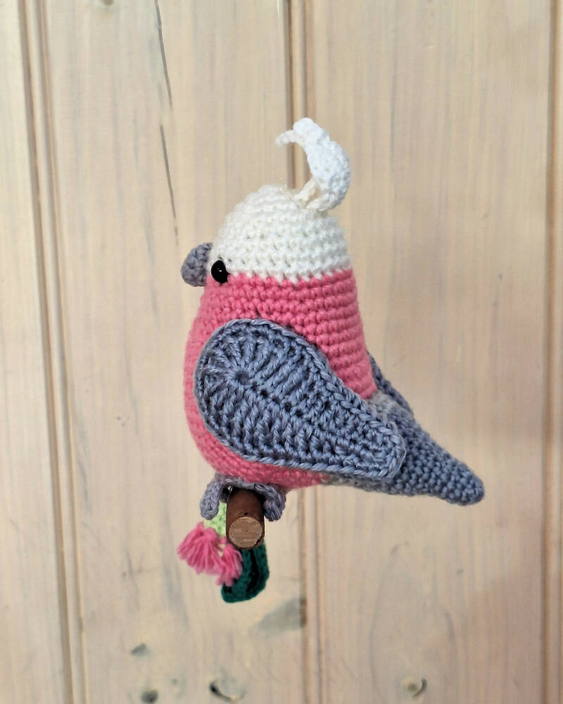 Hand crocheted pink galah room decoration or toy