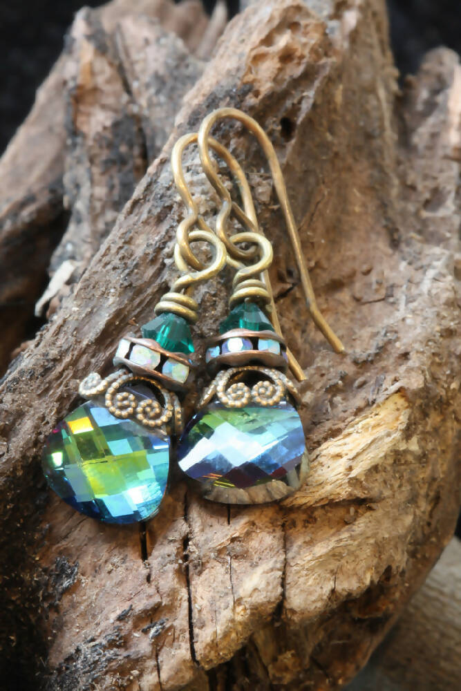 Swarovski Crystal & Brass Drop Earrings Aquamarine Sphinx Briolette