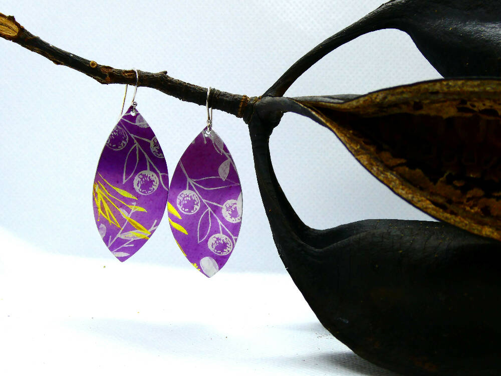 Printed and dyed purple anodised aluminium earrings