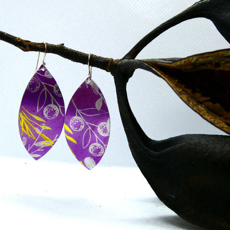 Printed and dyed purple anodised aluminium earrings