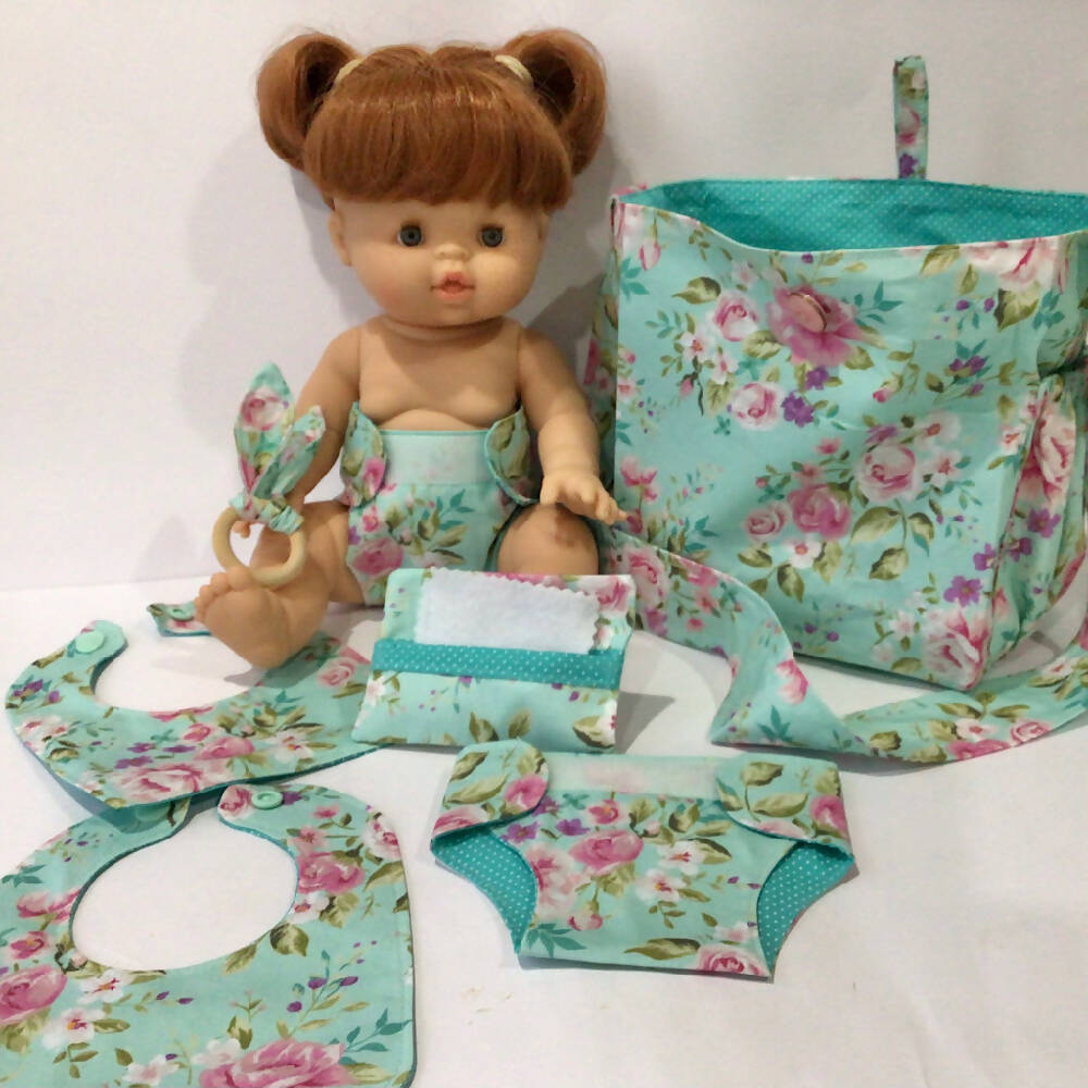 Nappy Bag and accessories for Baby Doll - mint floral #1