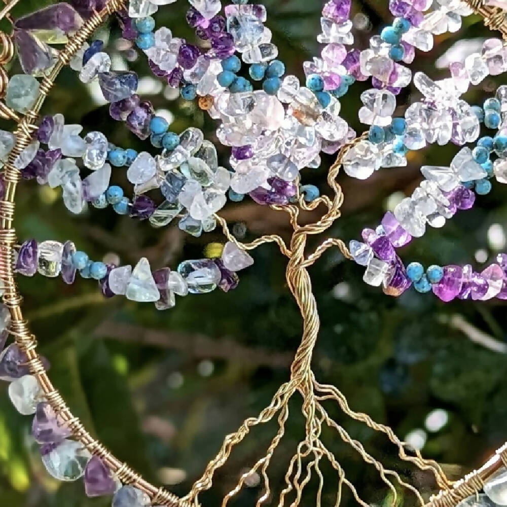 Suncatcher tree of life with amethyst and rainbow fluorite crystals