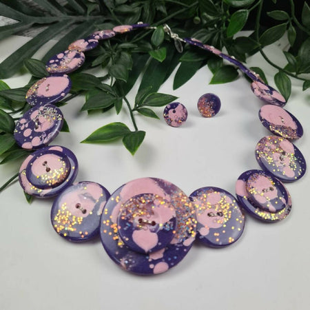 Purple Puff Sparkle Glitter - Resin Button Necklace & Earrings