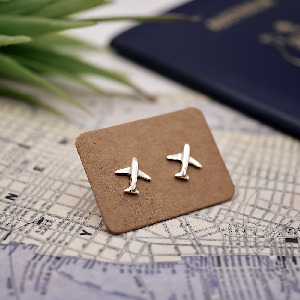 Tiny Plane Studs - Handmade Sterling Silver Aeroplane Earrings