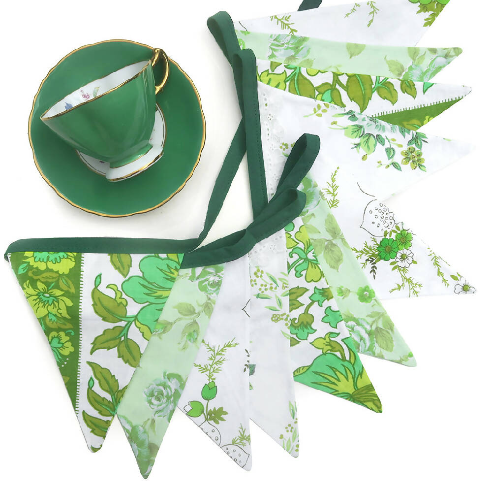 BUNTING - RETRO Vintage 'Lush Garden' Green Vintage Floral Flags