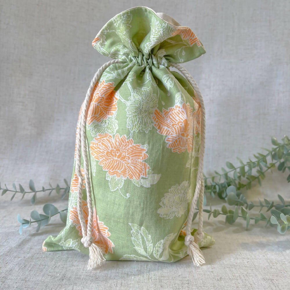 Reusable Fabric Gift Bag - Green & Orange Floral Linen