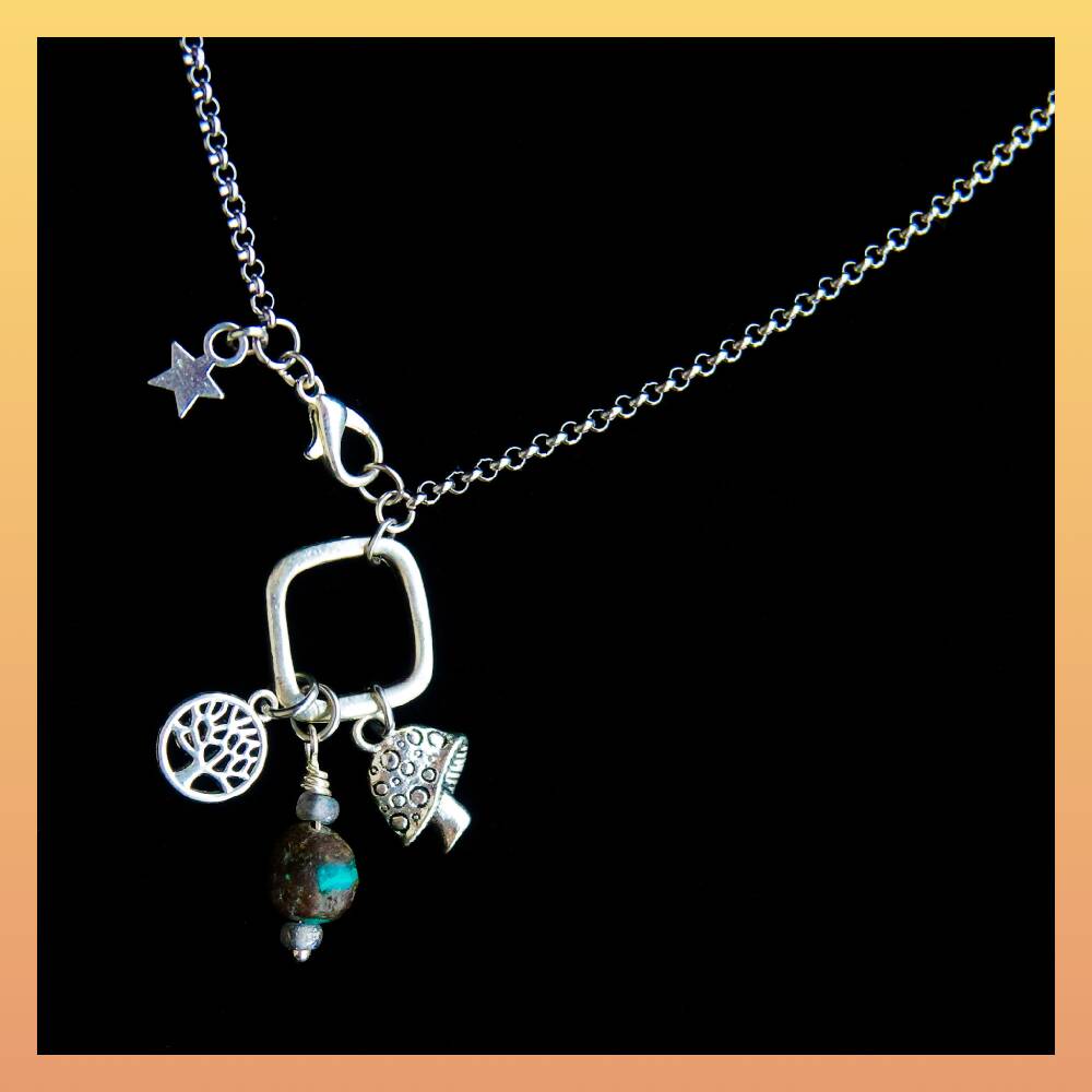 Forest Magic - Mushroom Charm - Tree of Life - Wire wrapped Natural Agate - Stainless Steel Chain Necklace -
