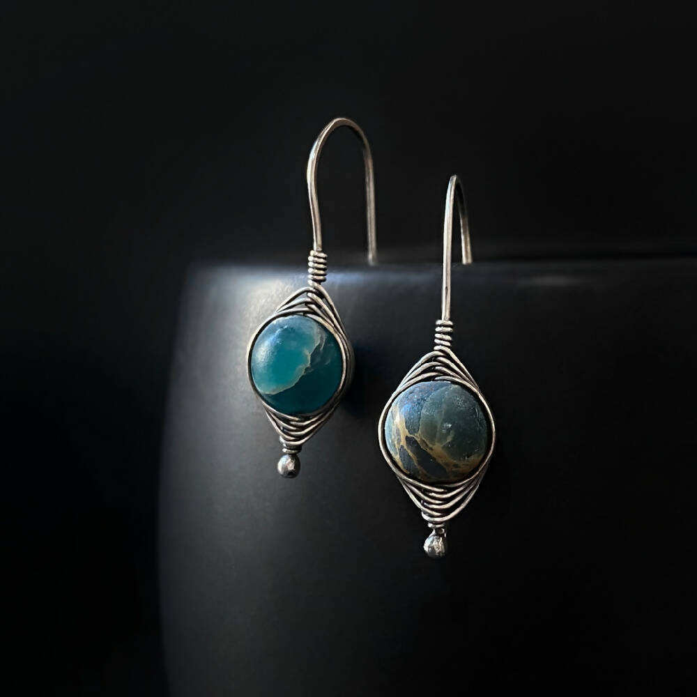 Earrings Sterling Silver Herringbone Wire Wrapped Aqua Terra Jasper D