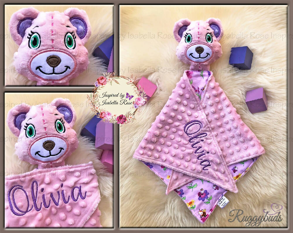 Baby comforter, Embroidered name, Teddy themed Ruggybud, Made to order