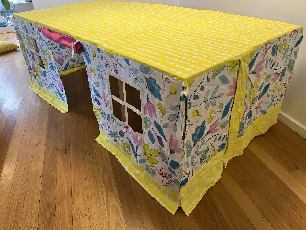 Handmade Fabric Table Cubby - Bright abstract flowers print with yellow roof 220cm x 110cm