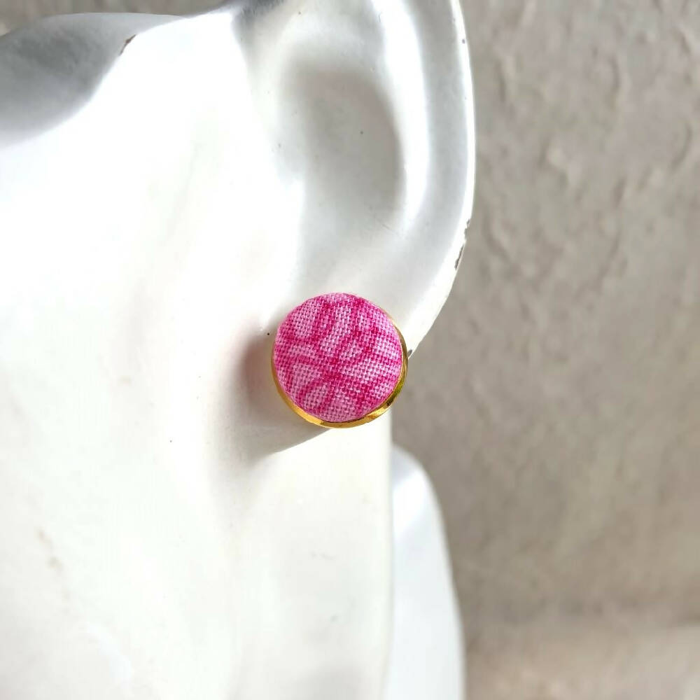1.4cm Round Cabochon colourful Pink fabric stud earrings No.7